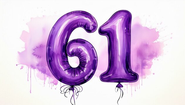 Purple birthday / anniversary balloon, number 61, watercolor painting with white background