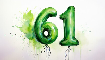 Green birthday / anniversary balloon, number 61, watercolor painting with white background