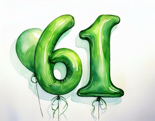 Green birthday / anniversary balloon, number 61, watercolor painting with white background