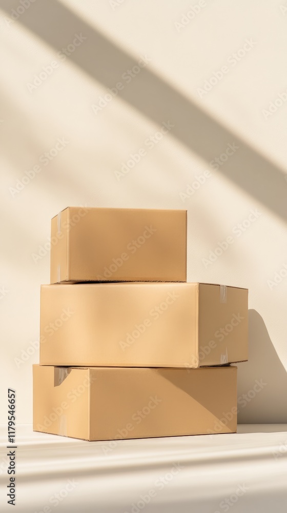 Poster stacking three closed cardboard boxes of varying sizes on a white surface, with natural sunlight cas