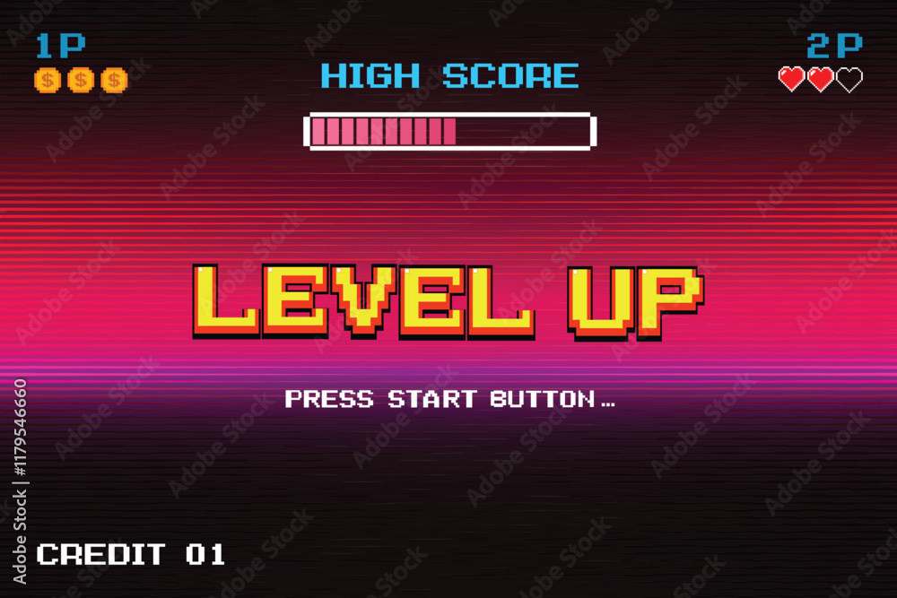 Aufkleber level up. press start button. pixel art .8 bit game. retro game. for game assets in vector illustrat