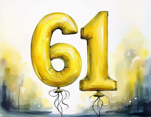 Yellow birthday / anniversary balloon, number 61, watercolor painting with white background