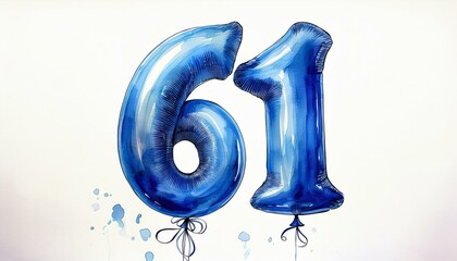 Blue birthday / anniversary balloon, number 61, watercolor painting with white background