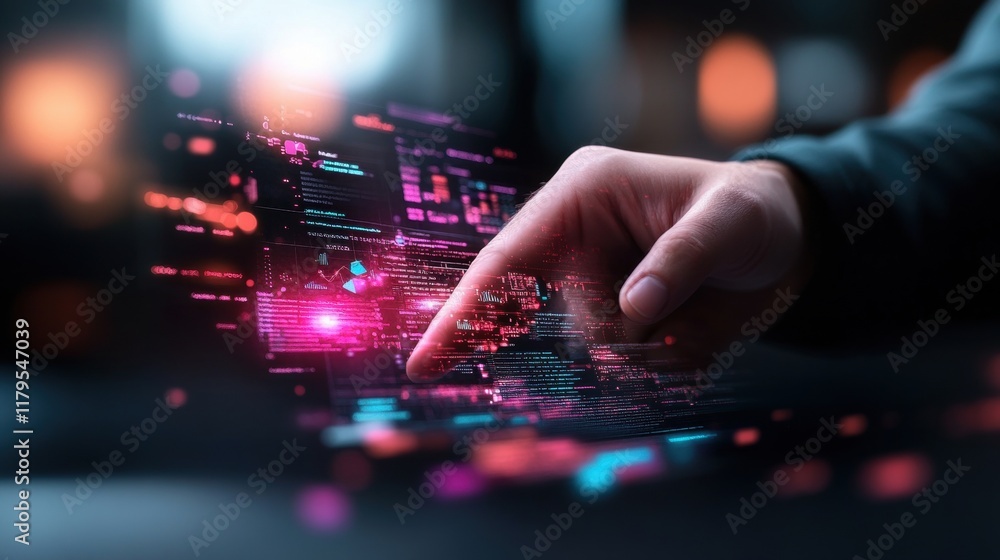 Poster engaging interaction with a futuristic digital interface by an individual in a modern tech environme