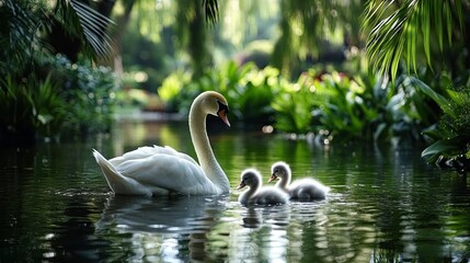Obraz premium Swans gracefully navigate a tranquil lake, accompanied by adorable downy chicks, showcasing a peaceful moment in nature