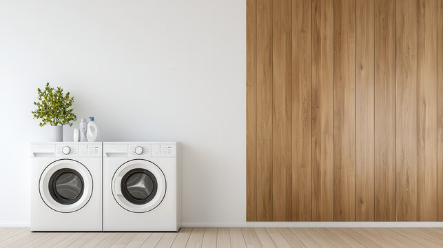 Laundry shop concept. Modern laundry room with minimalist design featuring white appliances and wood accents