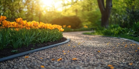 Sunlit garden pathway surrounded by vibrant orange tulips in bloom