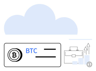 Bitcoin transaction details with BTC symbol, cloud graphic, briefcase, stacked blocks, upward arrows, and coin. Ideal for cryptocurrency, blockchain, digital wallets financial growth investment