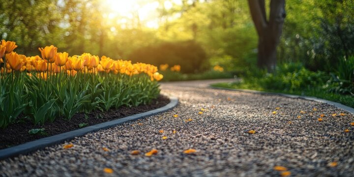Sunlit garden pathway surrounded by vibrant orange tulips in bloom