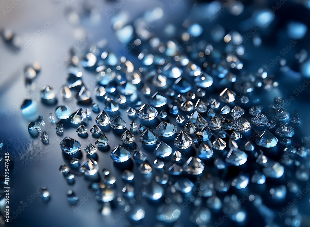 Poster Close-up view of numerous sparkling,faceted gemstones scattered on a dark, reflective surface.  The gems display varying sizes and catch the light, creating a dazzling display.