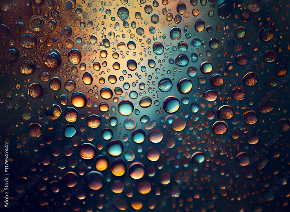 Aufkleber A mesmerizing close-up of water droplets on a surface, illuminated by vibrant, multicolored light creating an iridescent effect.  The droplets vary in size and create a captivating, abstract pattern.