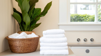 Laundry shop concept. Cozy laundry space with neatly stacked towels and green plant