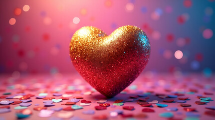 Fototapeta premium Glittering heart decoration surrounded by colorful confetti for a festive celebration
