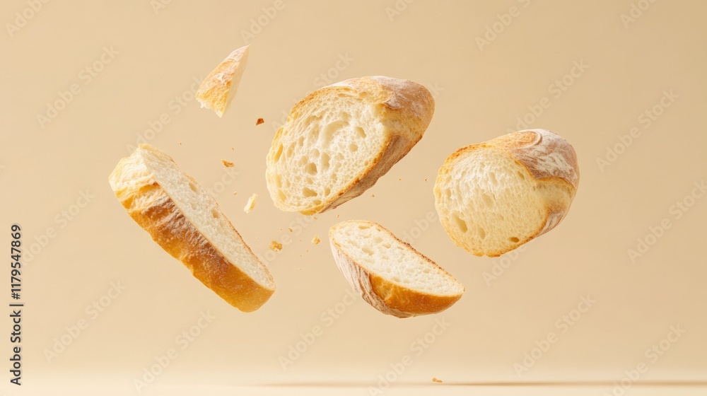Fototapete Several slices of freshly baked baguette are levitating against a beige background, creating a dynamic and visually appealing composition that emphasizes the texture and golden crust of the bread