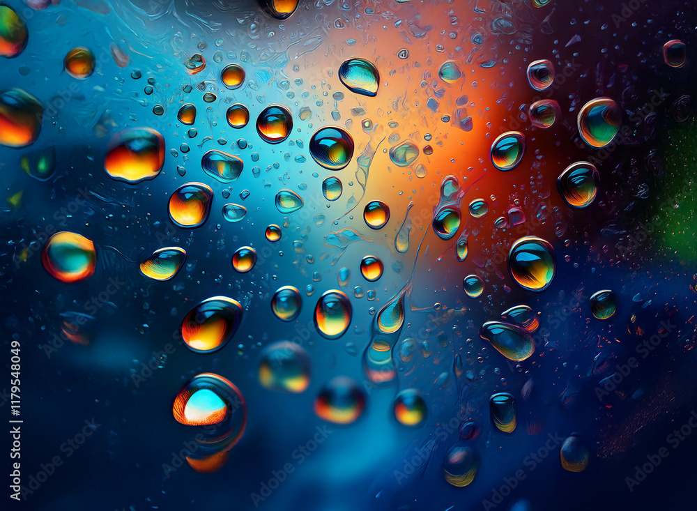 Poster vibrant, multicolored water droplets cling to a dark, glass surface. the background glows with a war
