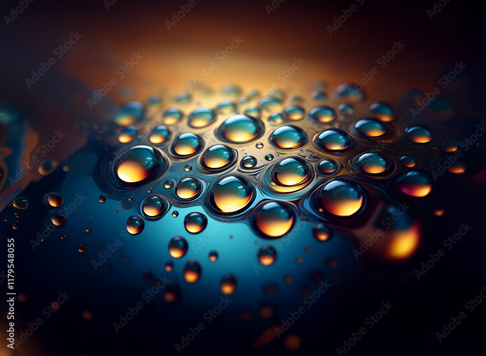 Poster Close-up of water droplets on a reflective surface.  Illuminated with warm and cool tones, creating a vibrant, abstract image.  The droplets vary in size and shape.