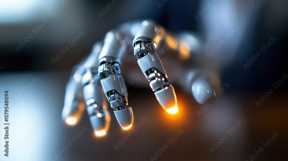 Poster futuristic robotic hand with glowing light symbolizing advanced technology and innovation in modern 