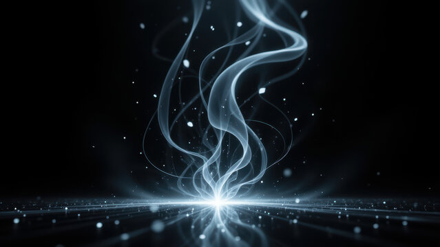 An abstract digital wallpaper with a dark blue color scheme featuring light effects resembling smoke or energy emanating from a central point, suitable for backgrounds and wallpapers.