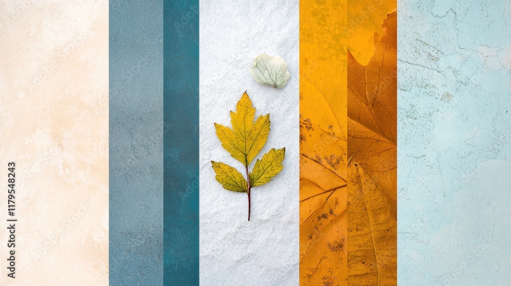 Poster nature inspired color palette with leaves and textures on a rustic background