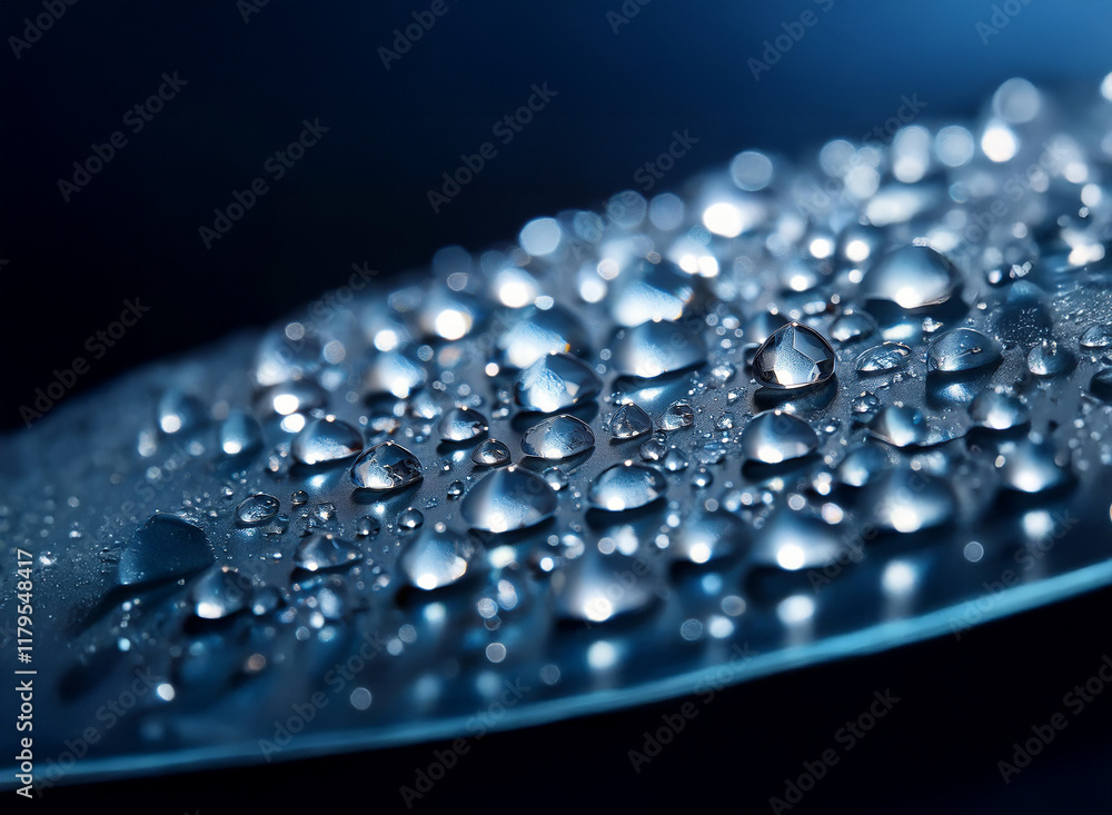 Aufkleber close-up of water droplets on a dark, smooth surface. the droplets vary in size and reflect light, c