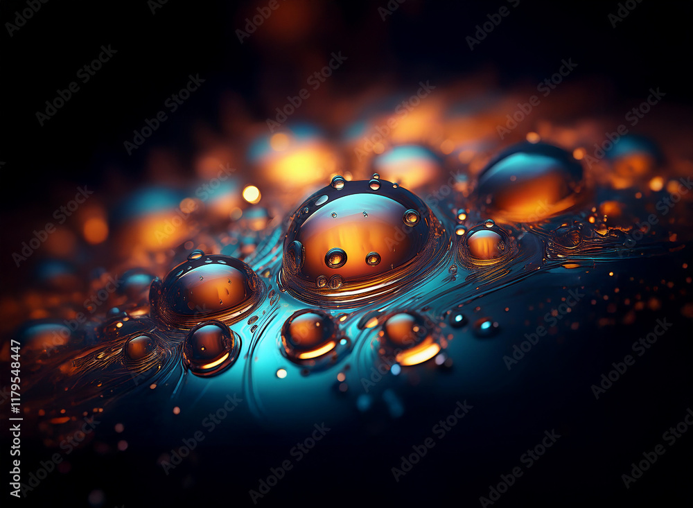 Leinwandbilder close-up view of iridescent water droplets on a dark surface, illuminated with warm and cool light, 