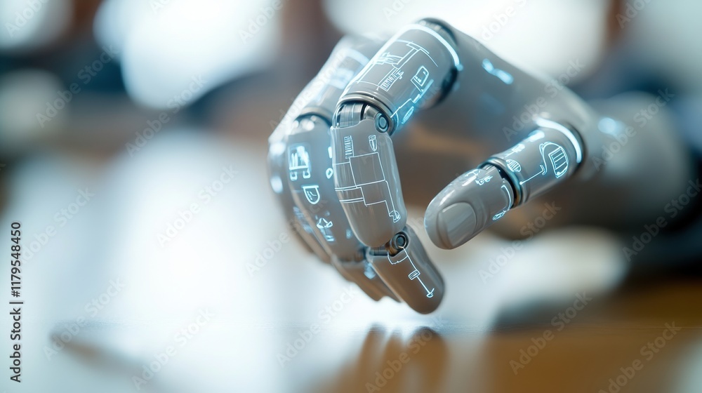 Poster intricate mechanical robot hand in a futuristic setting showcasing advanced technology and precision
