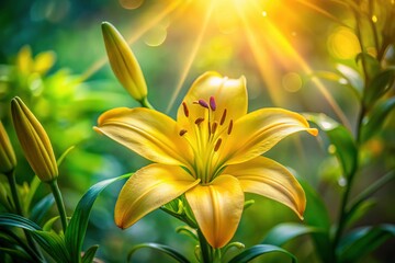 Fototapeta premium Double Exposure: Yellow Lily & Lush Green Bushes - Close-Up Floral Stock Photo