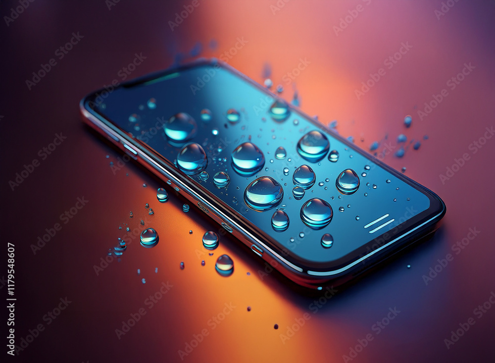 Poster a sleek smartphone rests on a vibrant, reflective surface, adorned with glistening water droplets. i