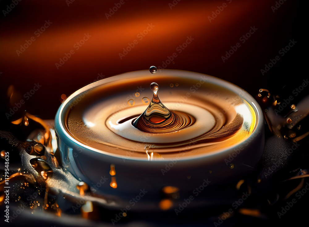 Poster A droplet falls into a shallow bowl of liquid, creating concentric ripples and dynamic splashes.  The warm lighting enhances the rich, brown tones and textures.