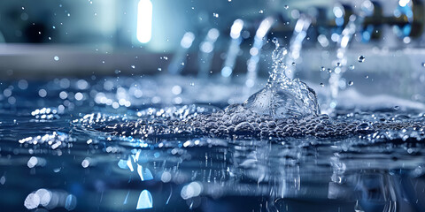 Freshwater splashing in industrial purification system, Close-up of clean water flow in filtration process