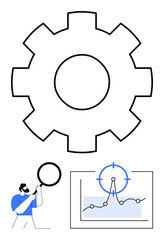 Obraz premium Large gear icon symbolizes processes person with magnifying glass inspects trends on a graph with target symbol. Ideal for analytics, strategy, innovation, workflow, integration, research, abstract