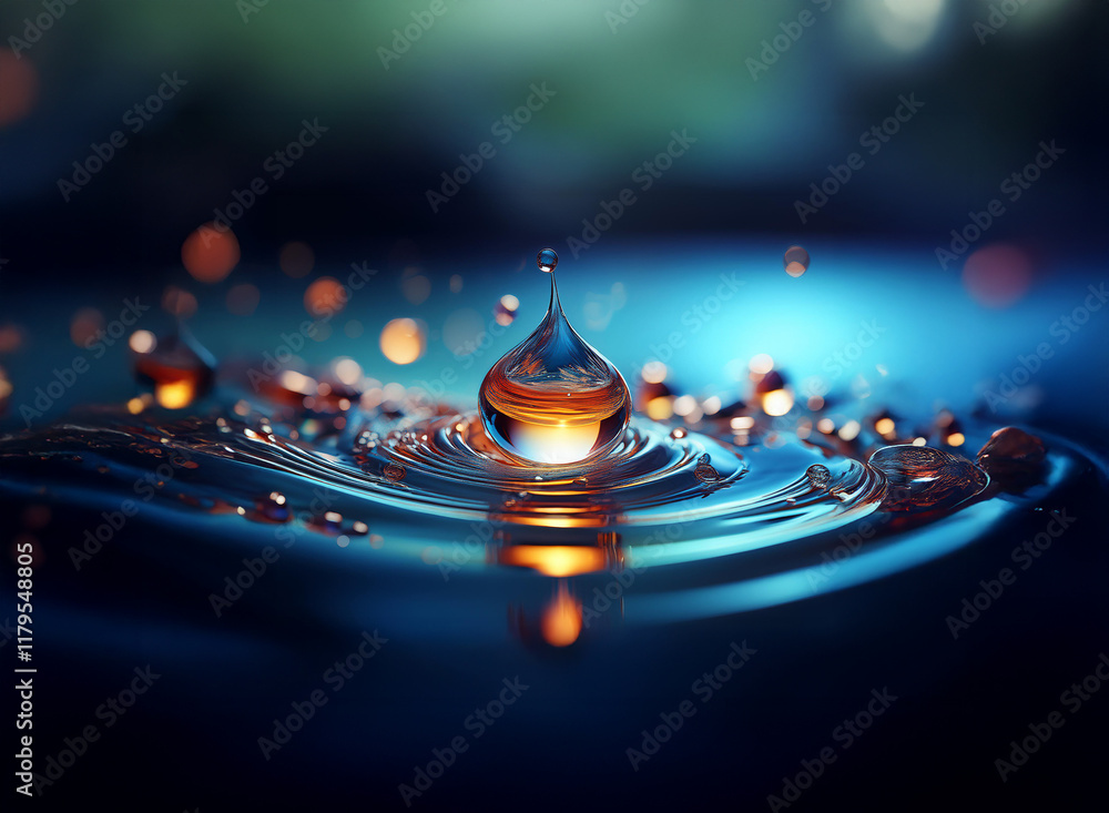 Aufkleber a single water droplet impacts a dark blue surface, creating concentric ripples and tiny droplets. w