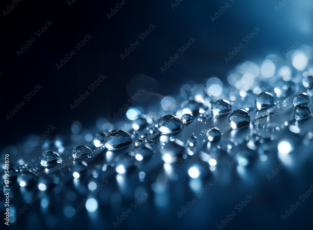 Aufkleber close-up of glistening water droplets on a dark, smooth surface. the droplets vary in size and refle