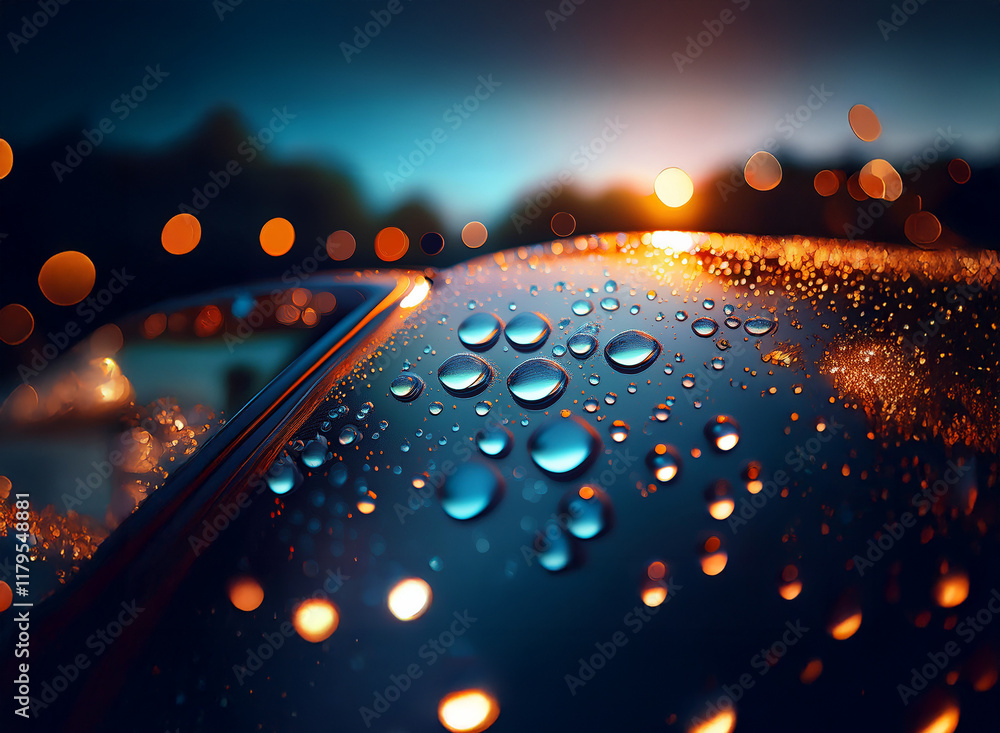 Aufkleber close-up of water droplets on a dark, glossy surface at sunset. bokeh lights blur in the background,