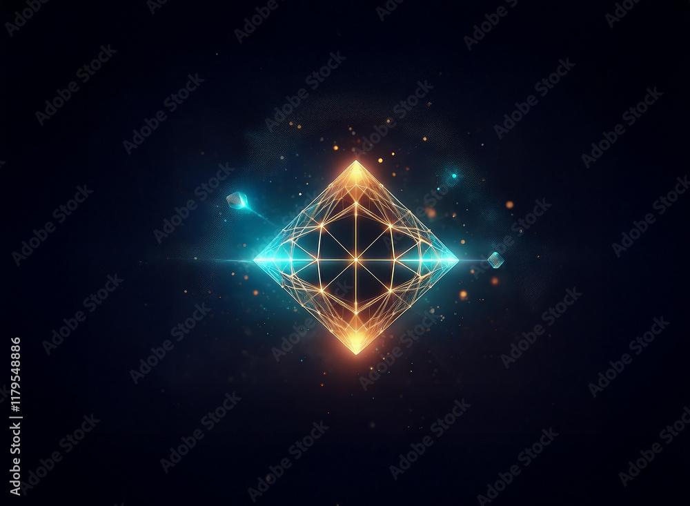 Poster a luminous, geometric diamond shape glows with vibrant teal and orange energy, suspended in a dark, 