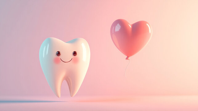 Adorable tooth character with a heart-shaped balloon on a pastel background