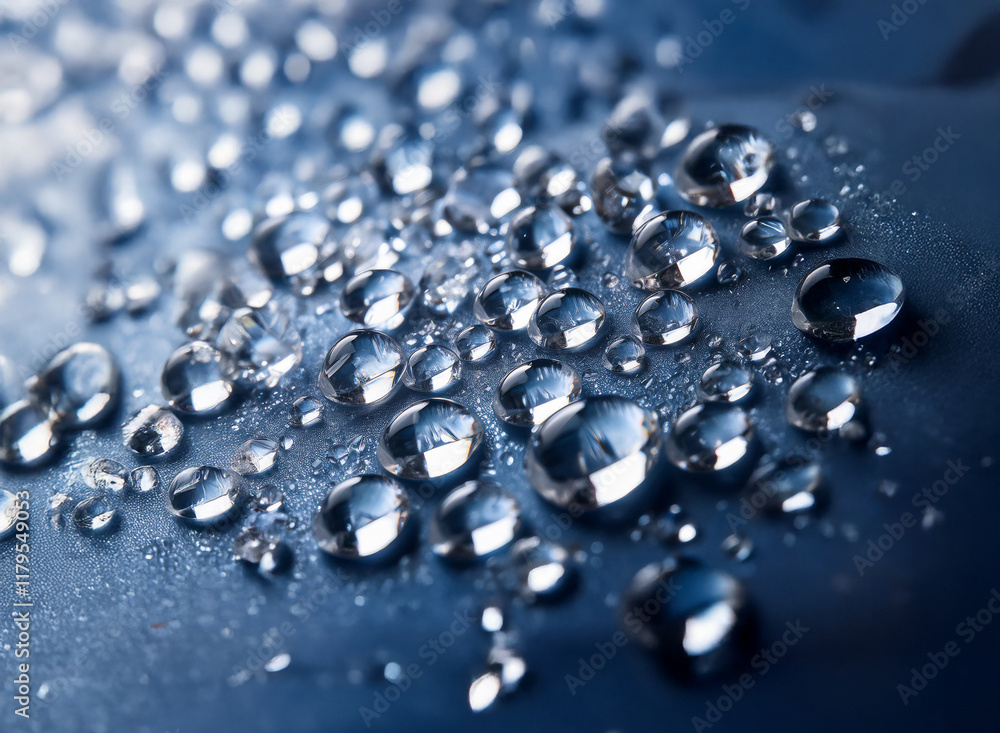 Aufkleber close-up view of numerous water droplets on a dark surface. the droplets vary in size and exhibit hi