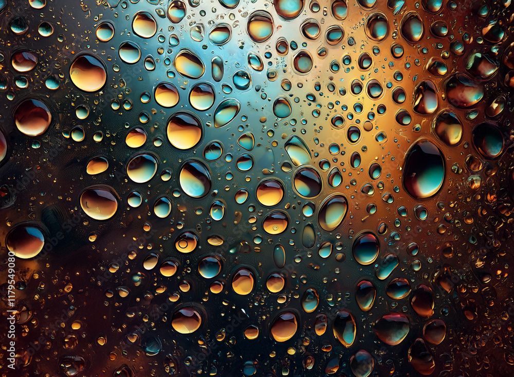Poster a mesmerizing abstract image showcasing numerous water droplets on a dark, reflective surface. the d
