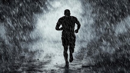 Athlete training in heavy rain, determination and grit, 3D illustration