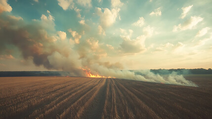 A field on fire with smoke rising against a dramatic sky.