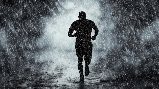 Athlete training in heavy rain, determination and grit, 3D illustration