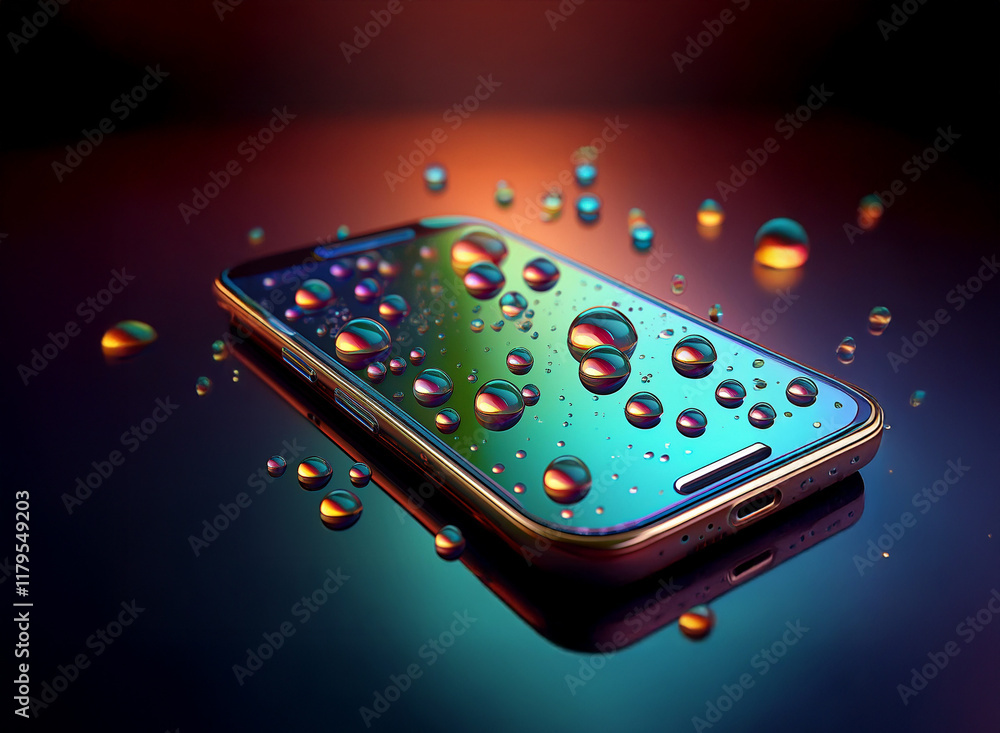 Aufkleber a smartphone rests on a reflective surface, covered in iridescent water droplets. the background is 