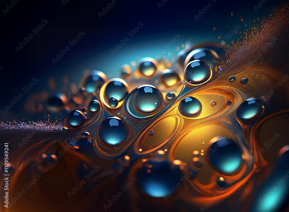 Poster intricate abstract artwork featuring luminous spheres and swirling, luminous organic forms in deep b