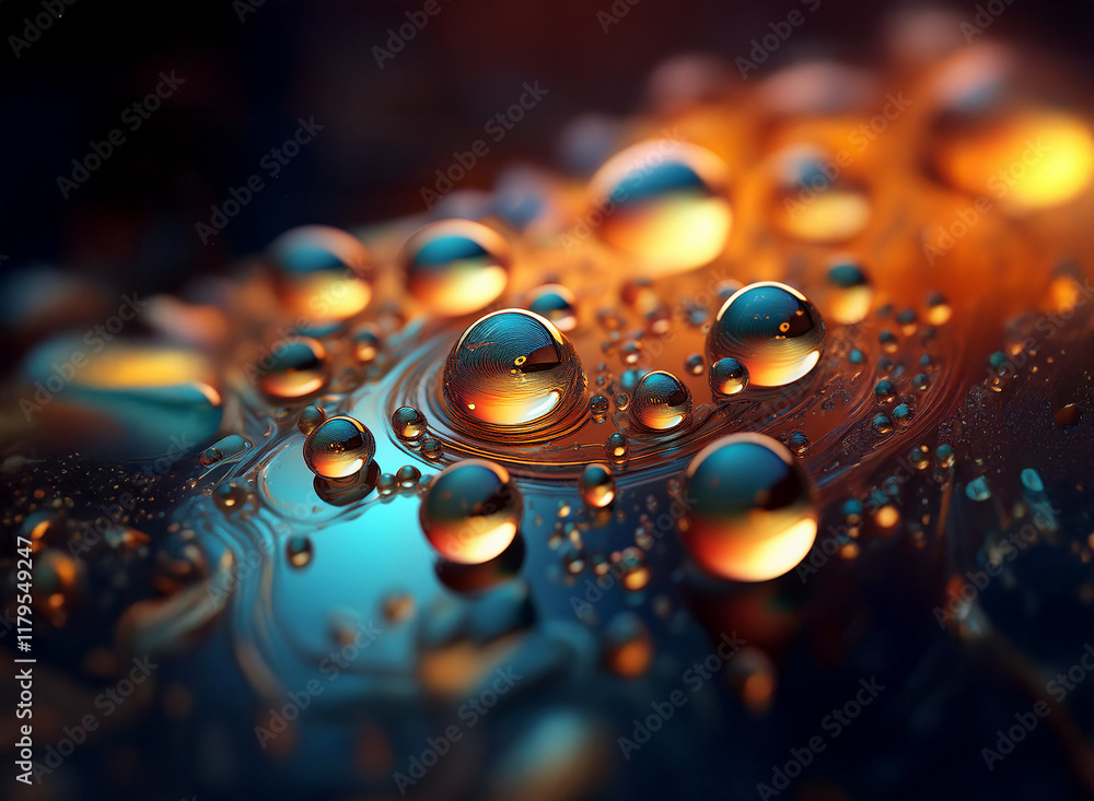 Aufkleber Close-up of water droplets on a surface, illuminated with warm and cool colors, creating abstract patterns and reflections.  The interplay of light and water forms mesmerizing spheres.
