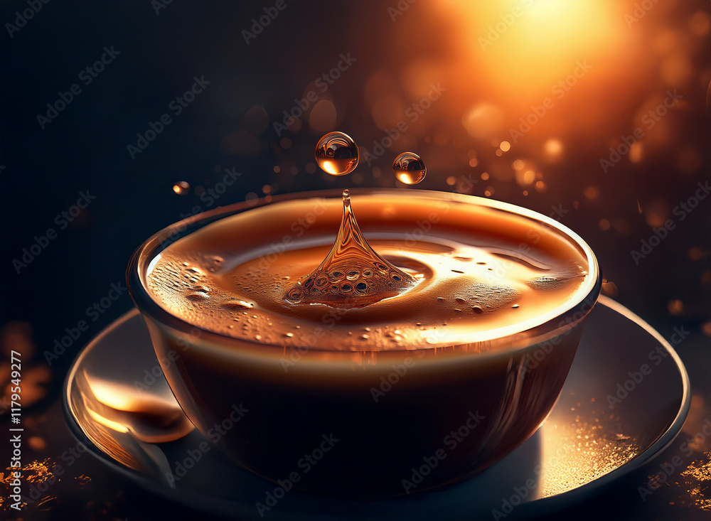 Aufkleber a single drop of liquid falls into a cup of coffee, creating a mesmerizing ripple effect. warm, gold