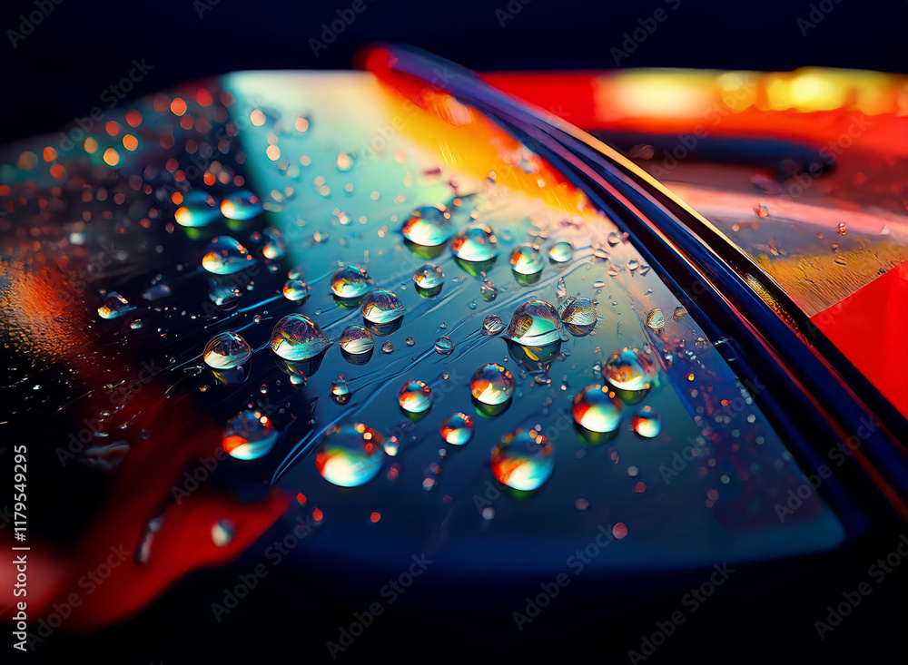 Poster close-up of water droplets on a glossy, curved surface. vibrant colors reflected in the droplets cre
