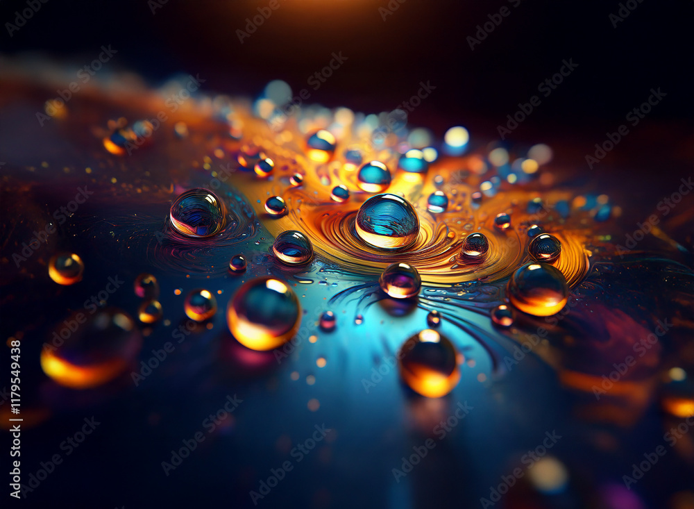 Poster vibrant, iridescent water droplets scattered across a swirling, abstract surface. colors range from 