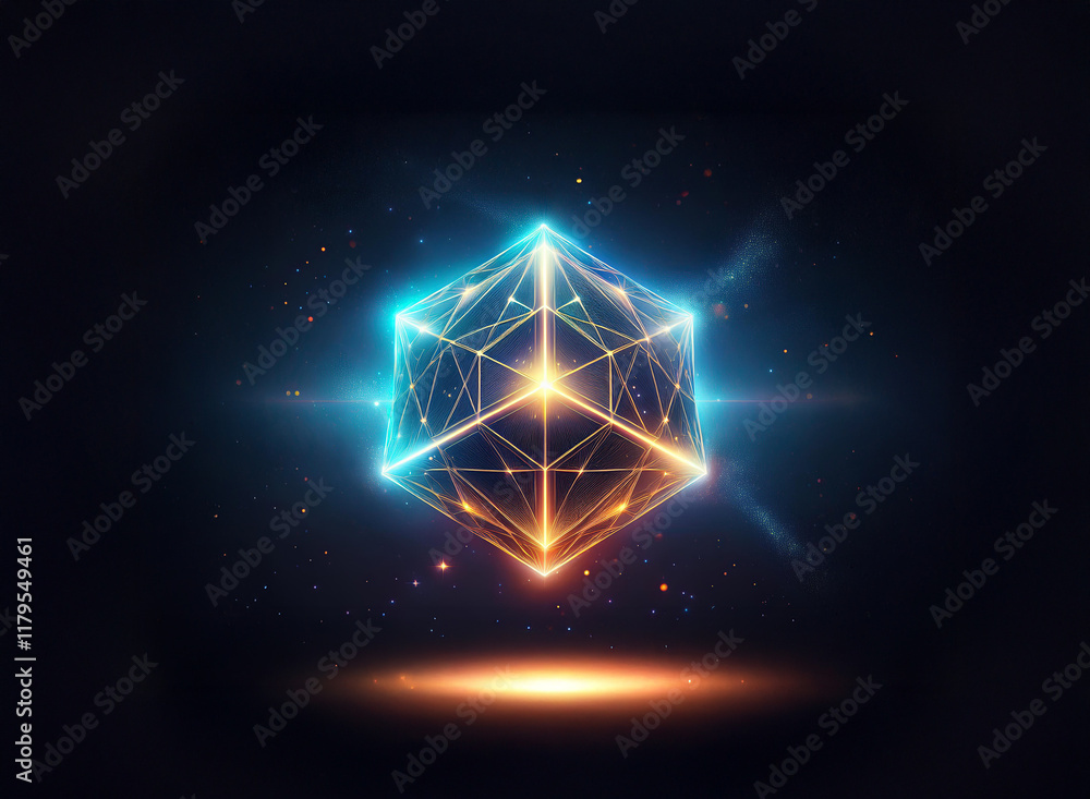 Poster A luminous, geometric cube floats in dark space, glowing with blue and orange light.  Its intricate structure is emphasized by the surrounding darkness and subtle light effects.