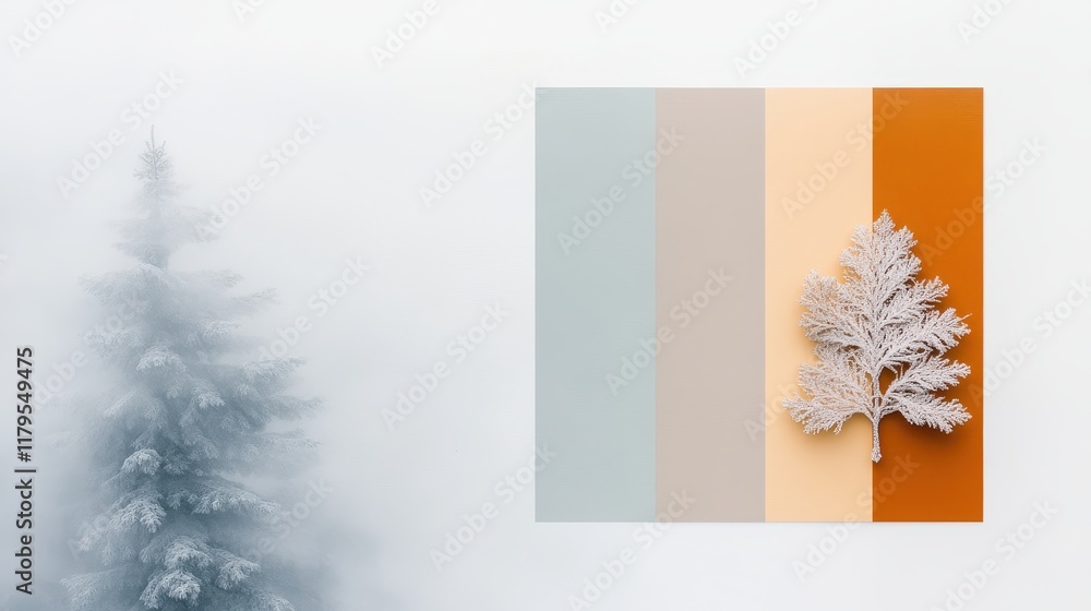 Poster minimalist composition of colorful panels with frosted leaf and misty tree background