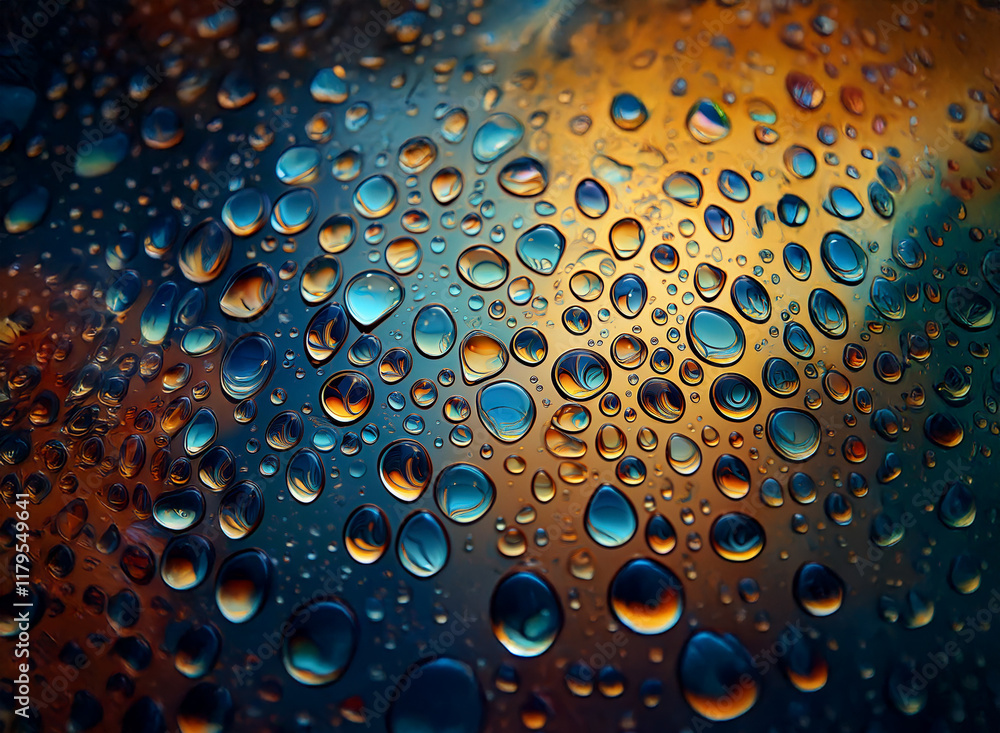 Aufkleber Close-up view of water droplets on a surface, illuminated with vibrant, warm and cool colors, creating a colorful abstract pattern. The droplets vary in size and shape, showcasing  light refraction.